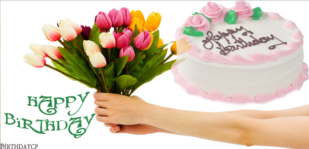 Happy birthday cake and flowers