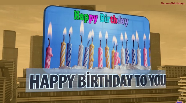 On buildings, banner birthday celebration